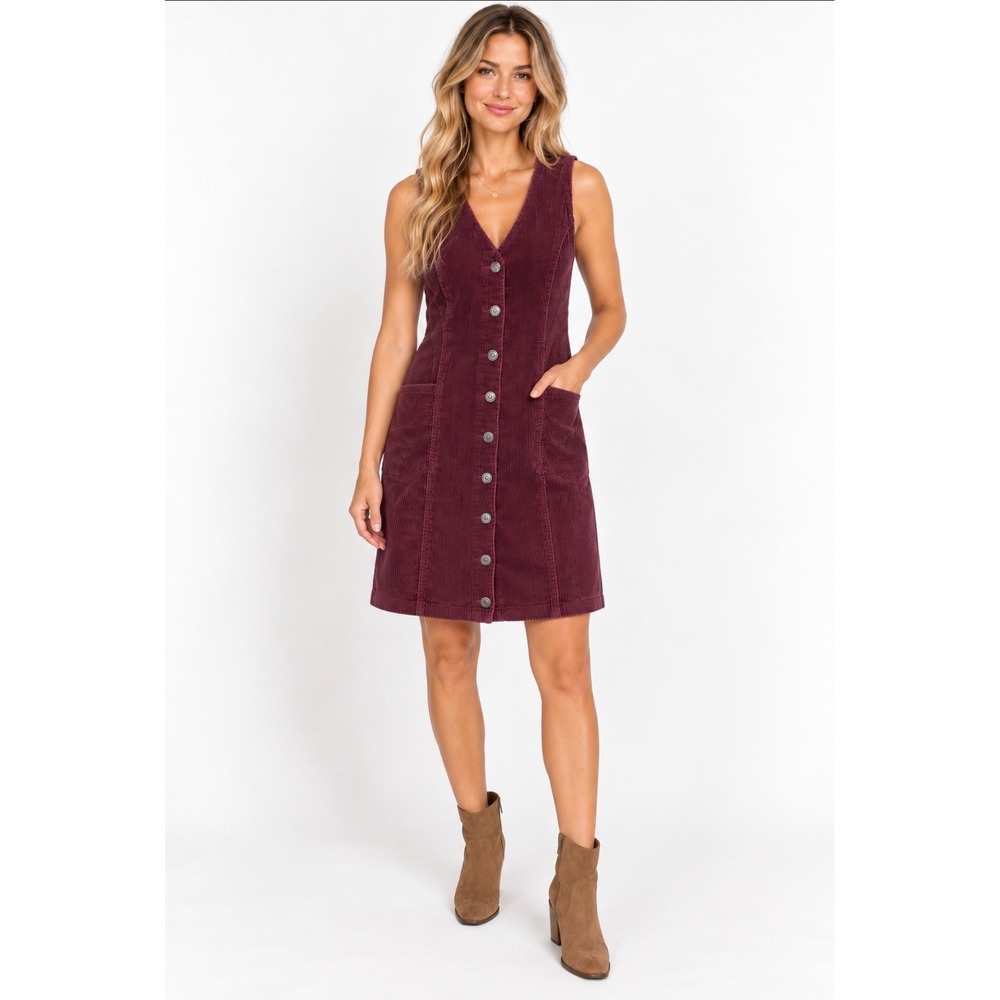 Levis Corduroy Jumper Dress Burgundy Button Front Sleeveless Mini Pockets M